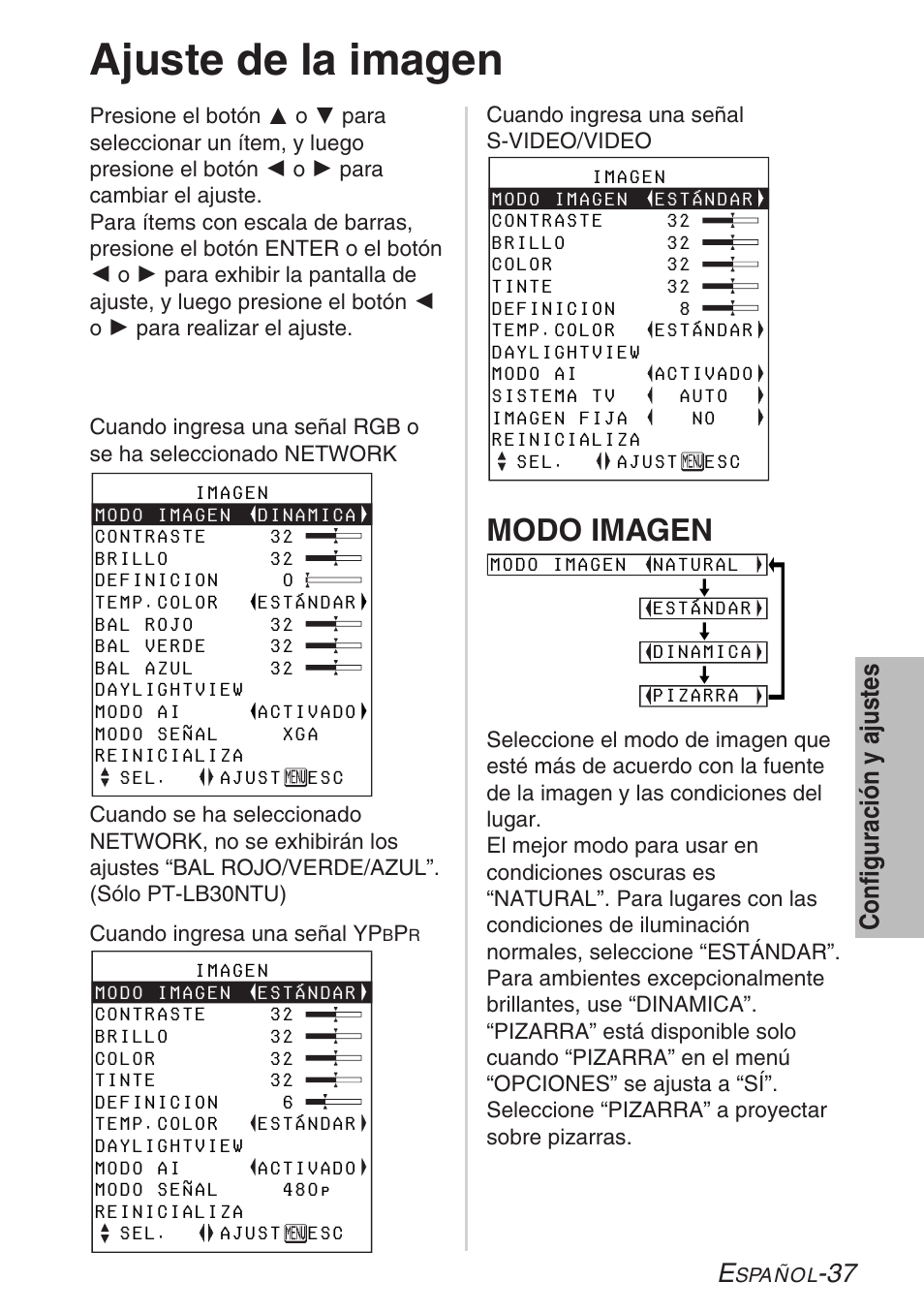 Ajuste de la imagen, Modo imagen, 37 configuración y ajustes | Panasonic PT-LB30U User Manual | Page 113 / 144