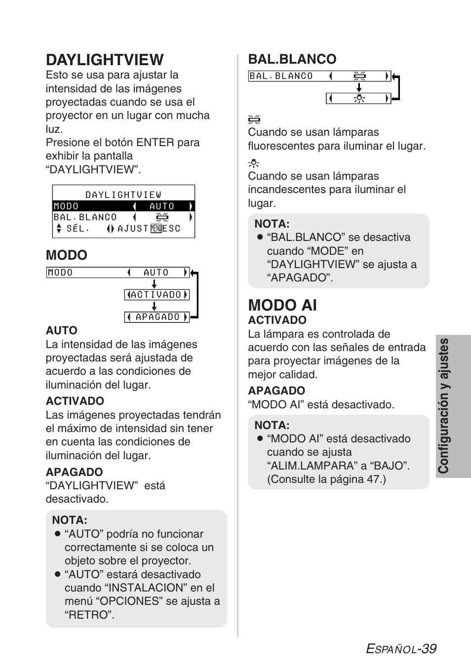 Modo ai, Daylightview, 39 configuración y ajustes | Modo, Bal.blanco | Panasonic PT-LB30U User Manual | Page 115 / 144