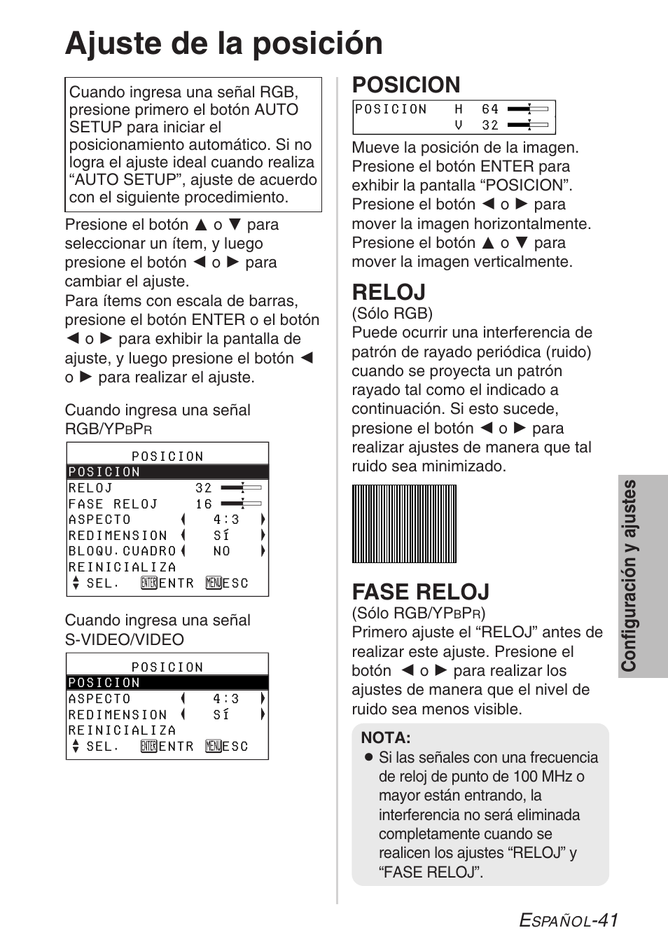 Ajuste de la posicion, Ajuste de la posición, Posicion | Reloj, Fase reloj | Panasonic PT-LB30U User Manual | Page 117 / 144