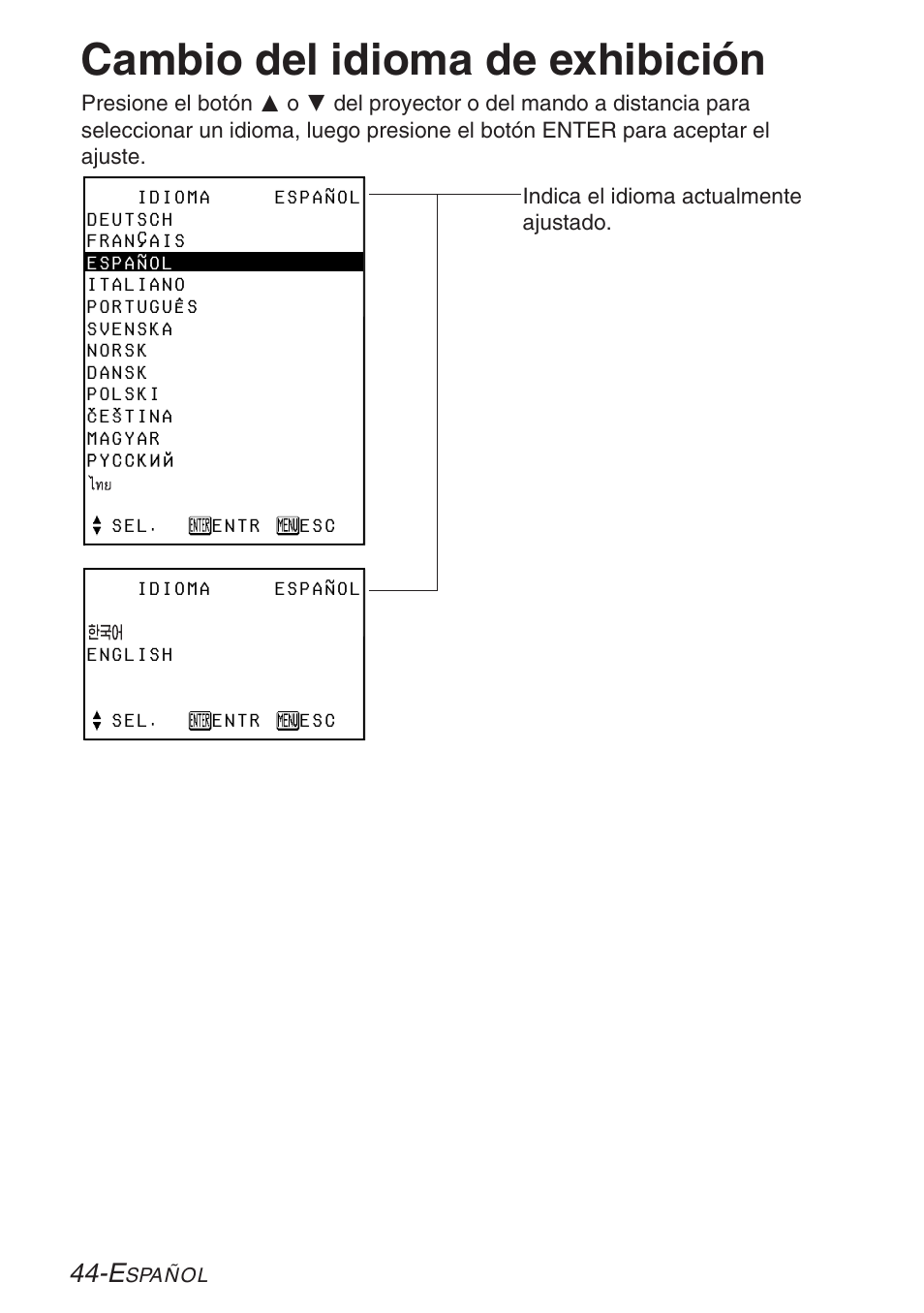 Cambio del idioma de exhibicion, Cambio del idioma de exhibición | Panasonic PT-LB30U User Manual | Page 120 / 144