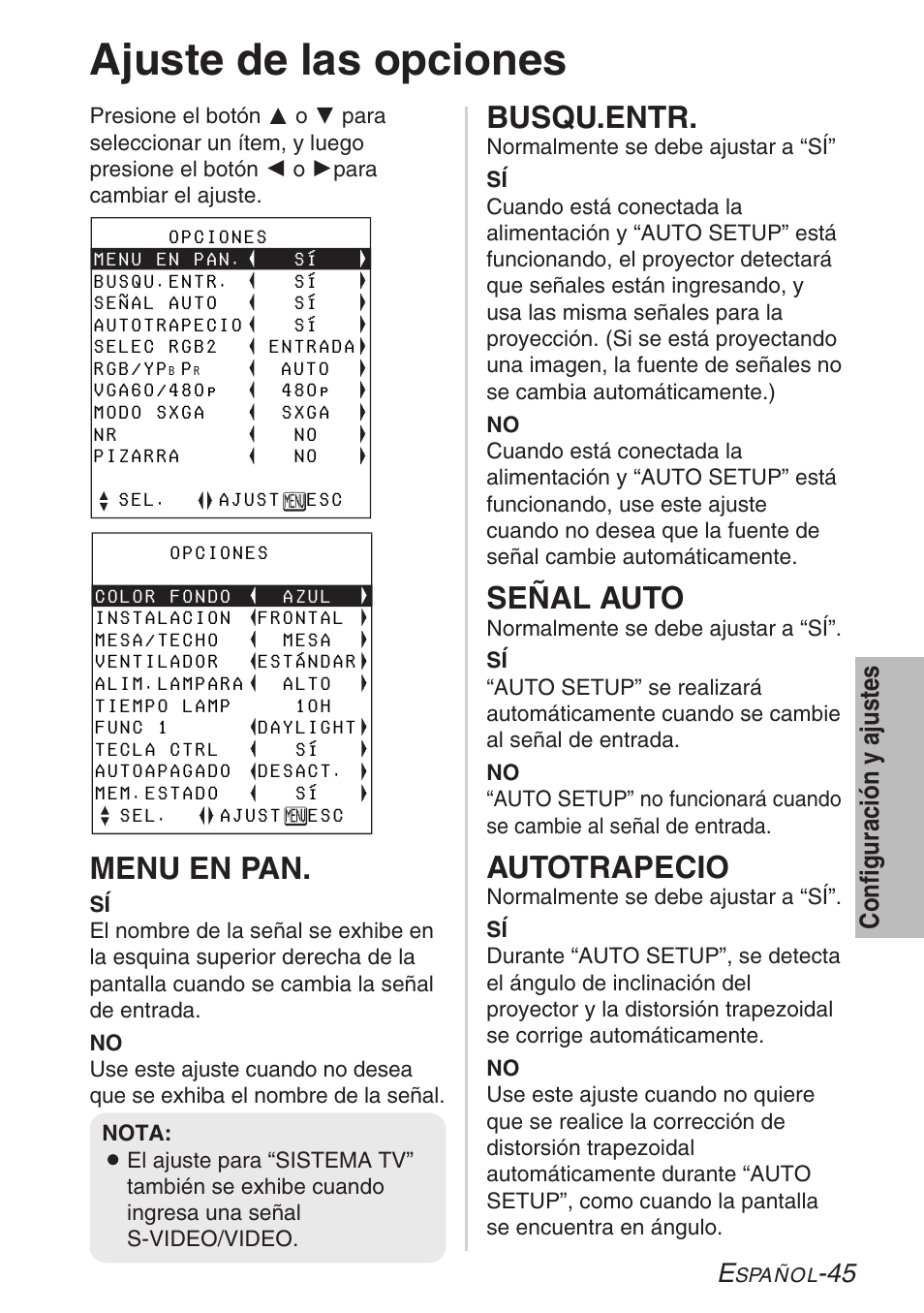 Ajuste de las opciones, Menu en pan, Busqu.entr | Señal auto, Autotrapecio | Panasonic PT-LB30U User Manual | Page 121 / 144