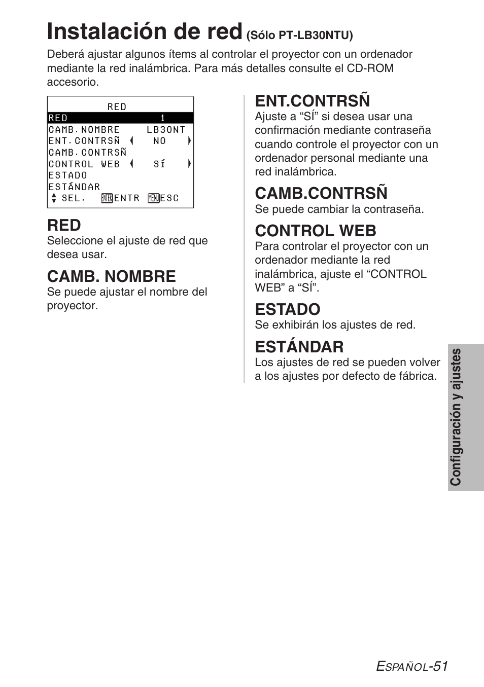 Instalacion de red, Instalación de red, Ent.contrsñ | Camb.contrsñ, Control web, Estado, Estándar, Camb. nombre | Panasonic PT-LB30U User Manual | Page 127 / 144