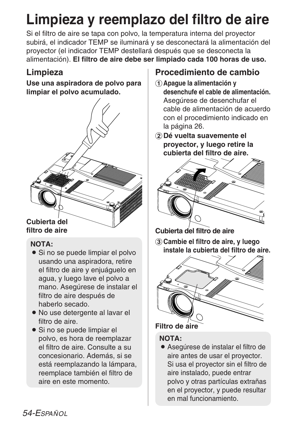 Limpieza y reemplazo del filtro de aire, Limpieza, Procedimiento de cambio | Panasonic PT-LB30U User Manual | Page 130 / 144