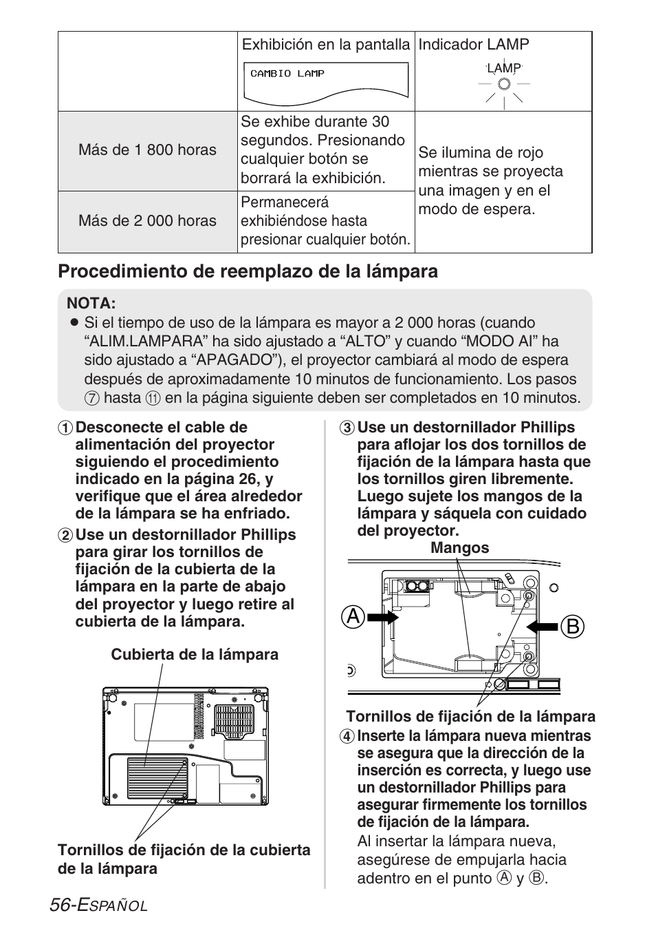 Procedimiento de reemplazo de la lámpara | Panasonic PT-LB30U User Manual | Page 132 / 144