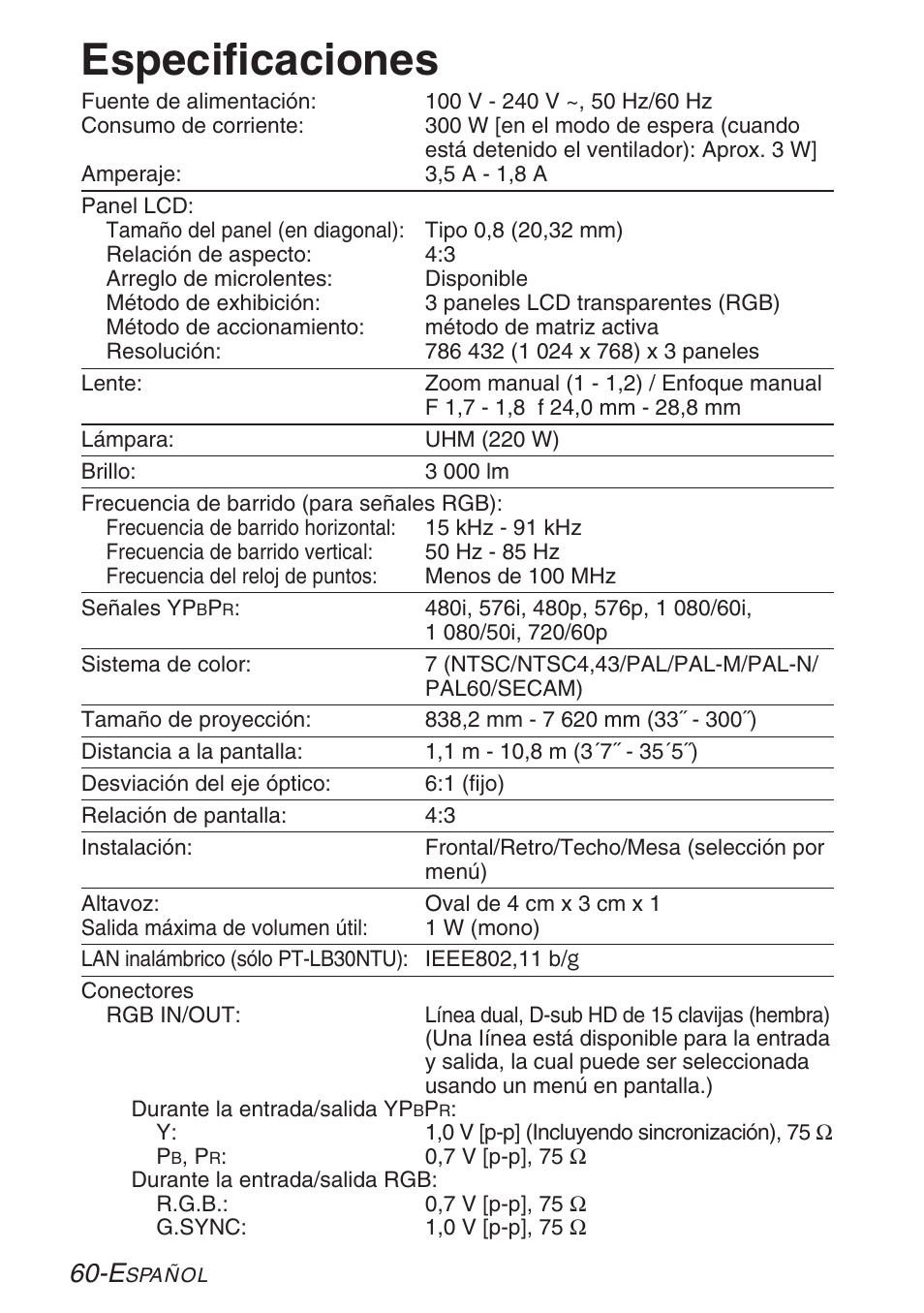 Otros, Especificaciones | Panasonic PT-LB30U User Manual | Page 136 / 144