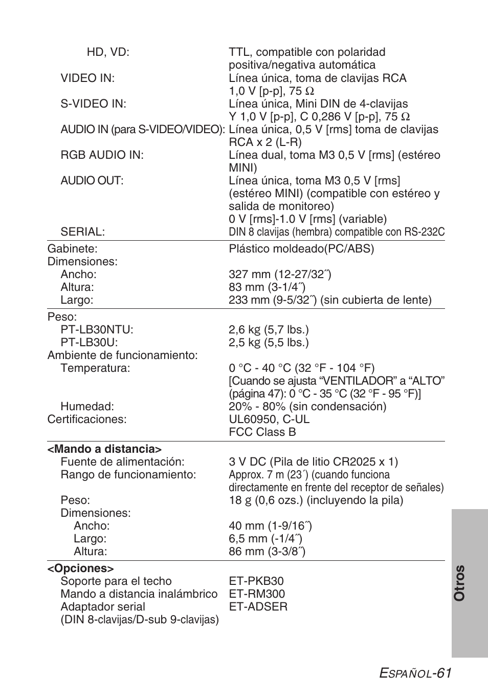 61 otr os | Panasonic PT-LB30U User Manual | Page 137 / 144