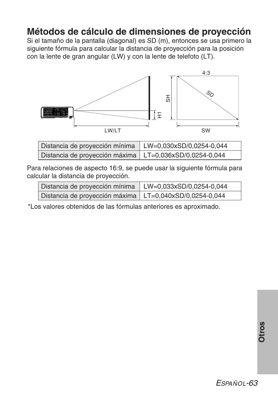Métodos de cálculo de dimensiones de proyección, 63 otr os | Panasonic PT-LB30U User Manual | Page 139 / 144