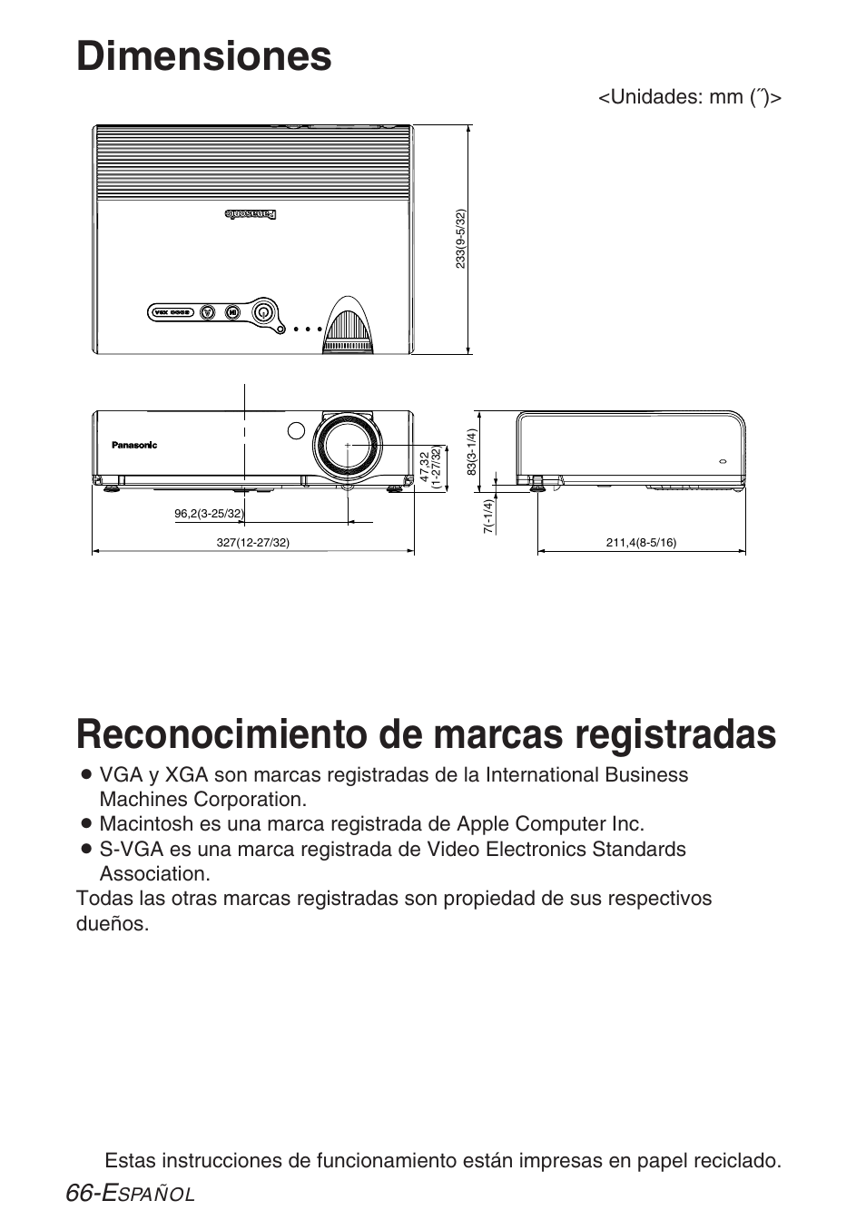 Dimensiones, Reconocimiento de marcas registradas | Panasonic PT-LB30U User Manual | Page 142 / 144