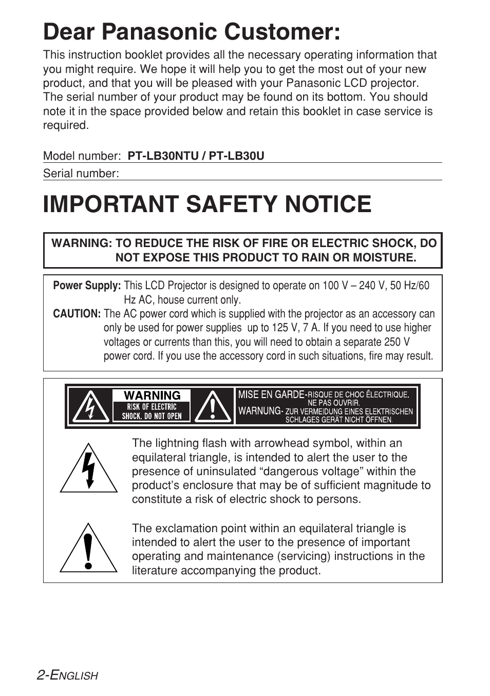 Preparation, Important safety notice, Dear panasonic customer | Panasonic PT-LB30U User Manual | Page 2 / 144