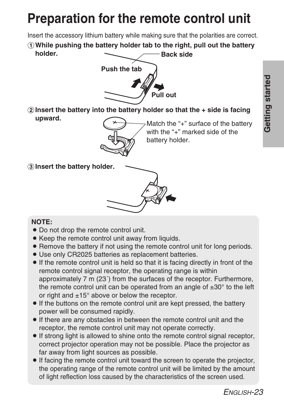 Preparation for the remote control unit | Panasonic PT-LB30U User Manual | Page 23 / 144