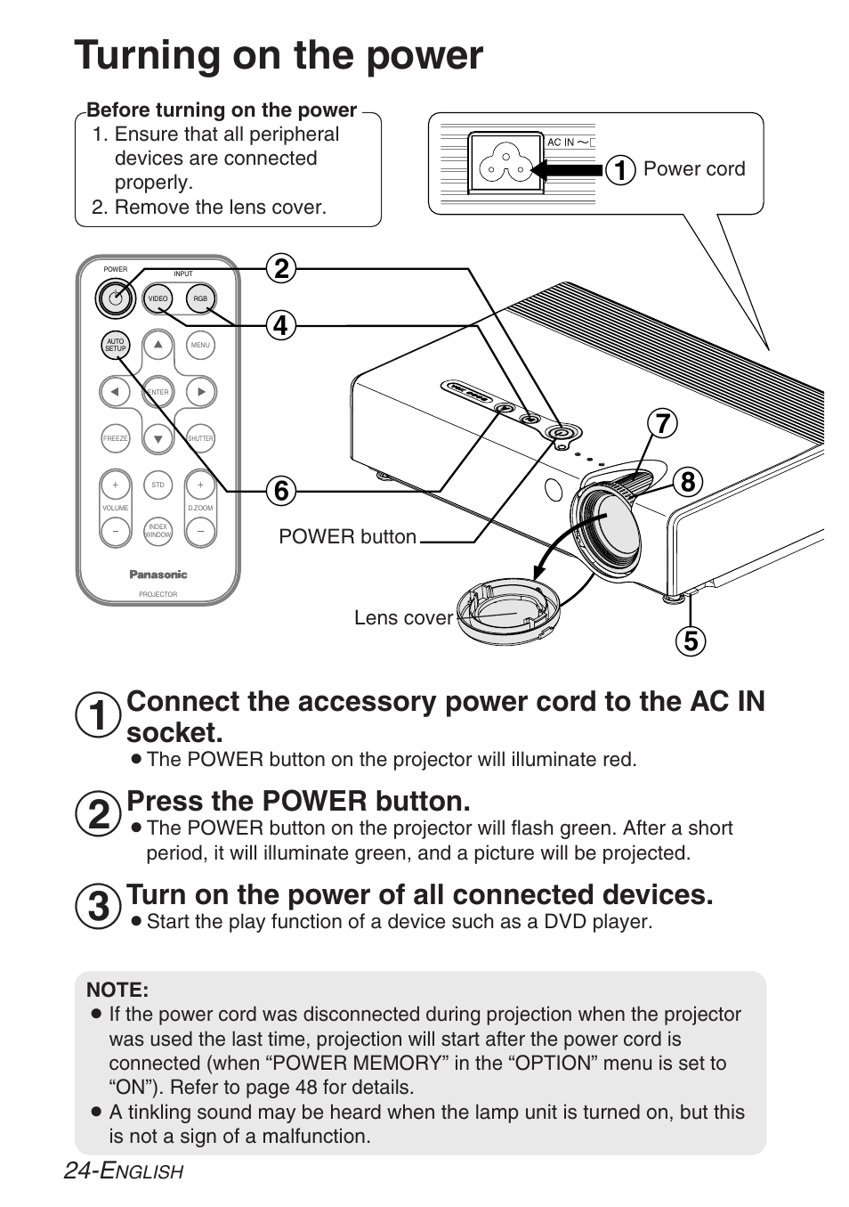Basic operation, Turning on the power, Press the power button | Turn on the power of all connected devices | Panasonic PT-LB30U User Manual | Page 24 / 144