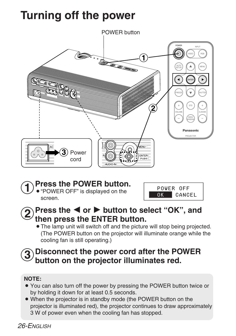 Turning off the power, Press the power button | Panasonic PT-LB30U User Manual | Page 26 / 144