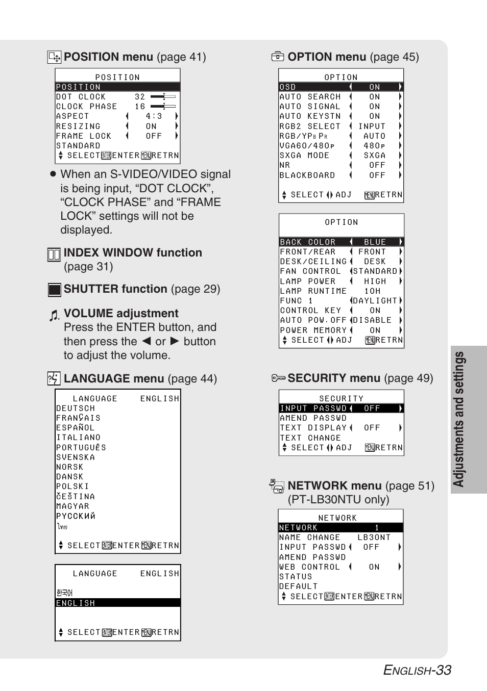 33 adjustments and settings | Panasonic PT-LB30U User Manual | Page 33 / 144