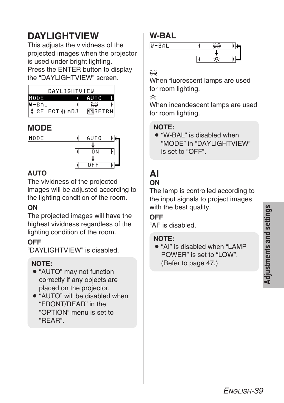 Daylightview, 39 adjustments and settings, Mode w-bal | Panasonic PT-LB30U User Manual | Page 39 / 144