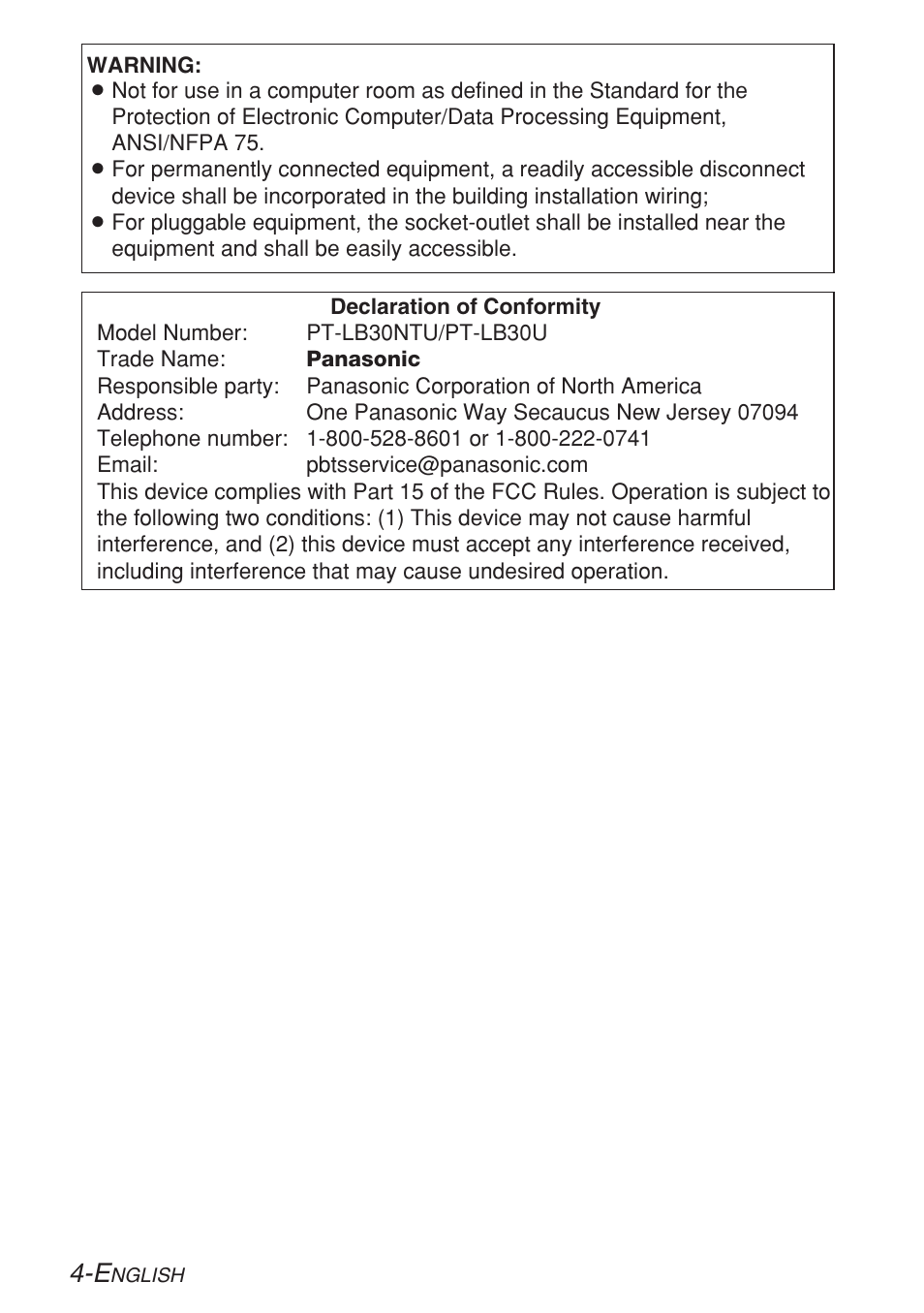 Panasonic PT-LB30U User Manual | Page 4 / 144