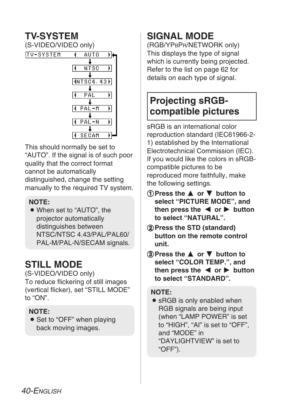 Signal mode, Projecting srgb- compatible pictures still mode, Tv-system | Panasonic PT-LB30U User Manual | Page 40 / 144