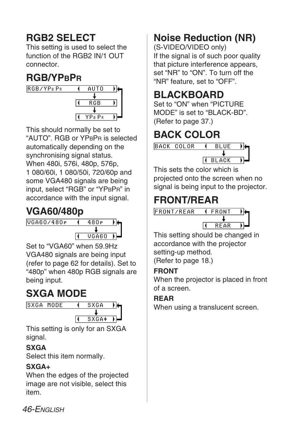 Rgb2 select, Rgb/yp, Sxga mode | Noise reduction (nr), Blackboard, Back color, Front/rear | Panasonic PT-LB30U User Manual | Page 46 / 144