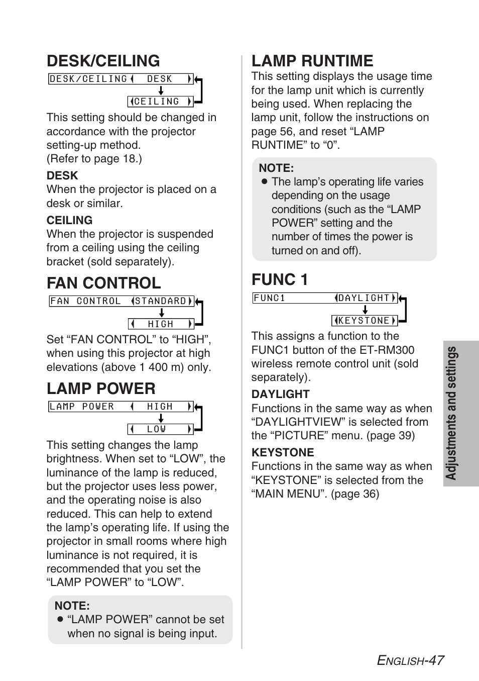 Desk/ceiling, Fan control, Lamp power | Lamp runtime, Func 1 | Panasonic PT-LB30U User Manual | Page 47 / 144