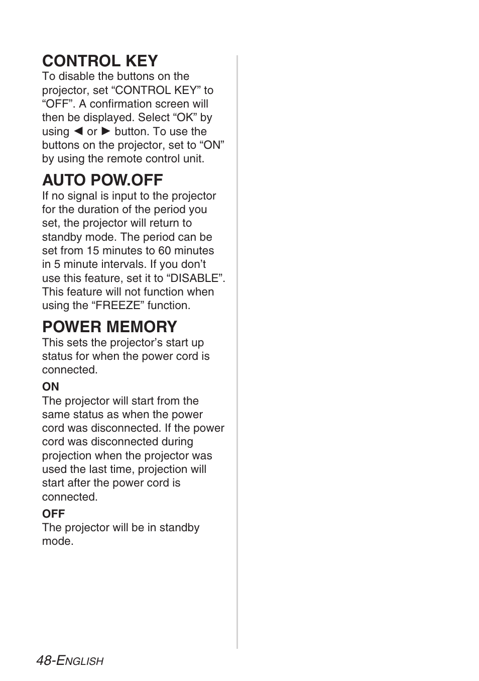 Control key, Auto pow.off | Panasonic PT-LB30U User Manual | Page 48 / 144