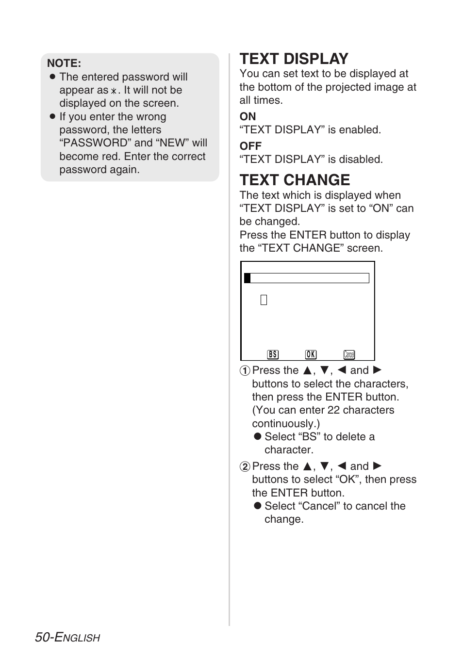 Text display, Text change | Panasonic PT-LB30U User Manual | Page 50 / 144