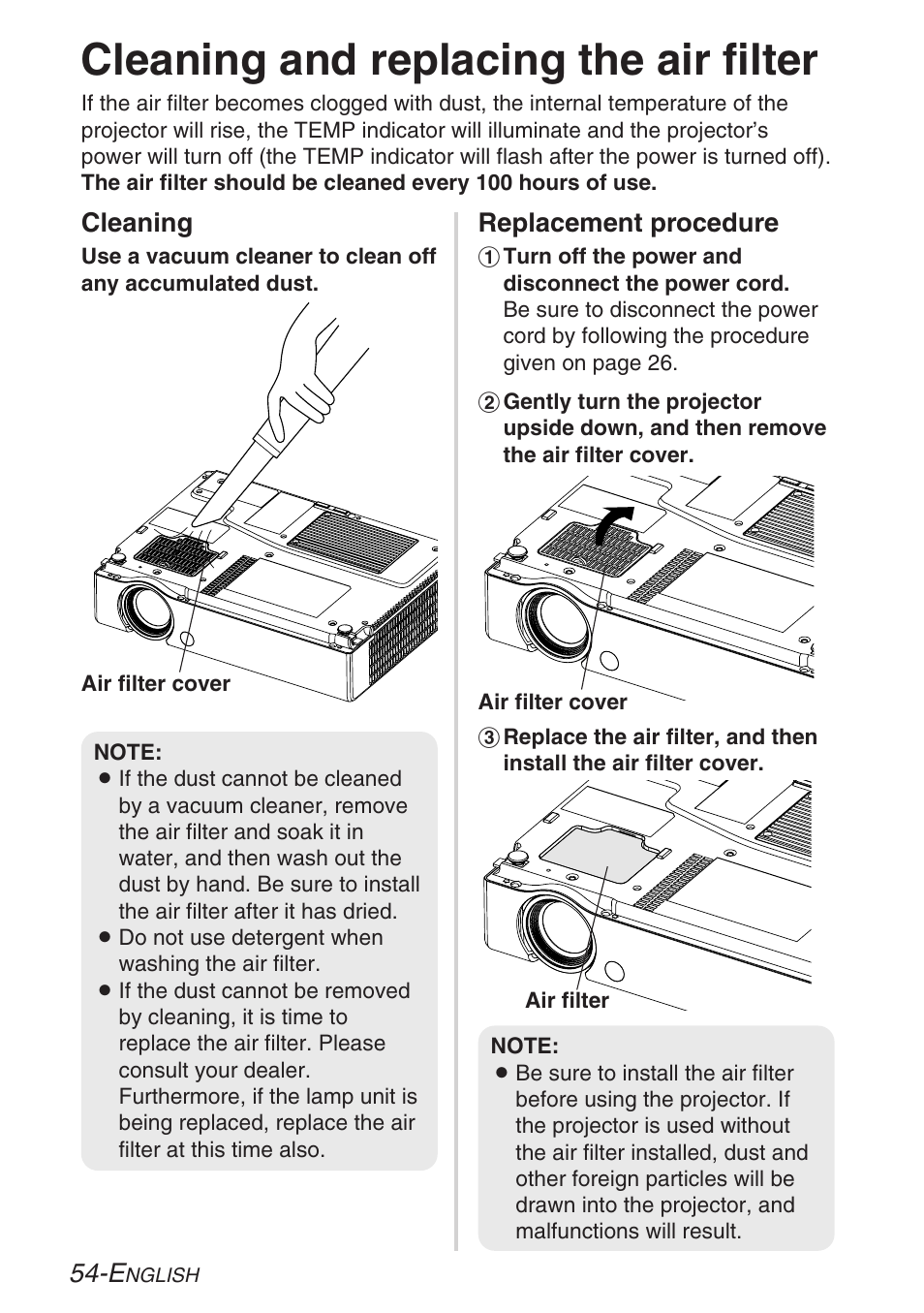Cleaning and replacing the air filter, Cleaning, Replacement procedure | Panasonic PT-LB30U User Manual | Page 54 / 144
