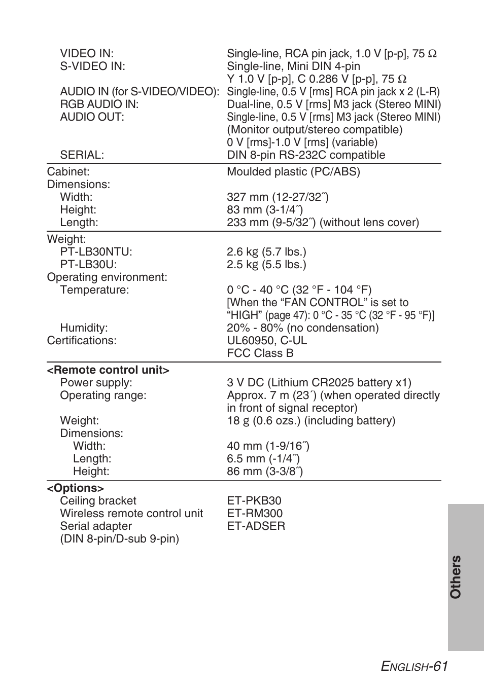 61 other s | Panasonic PT-LB30U User Manual | Page 61 / 144