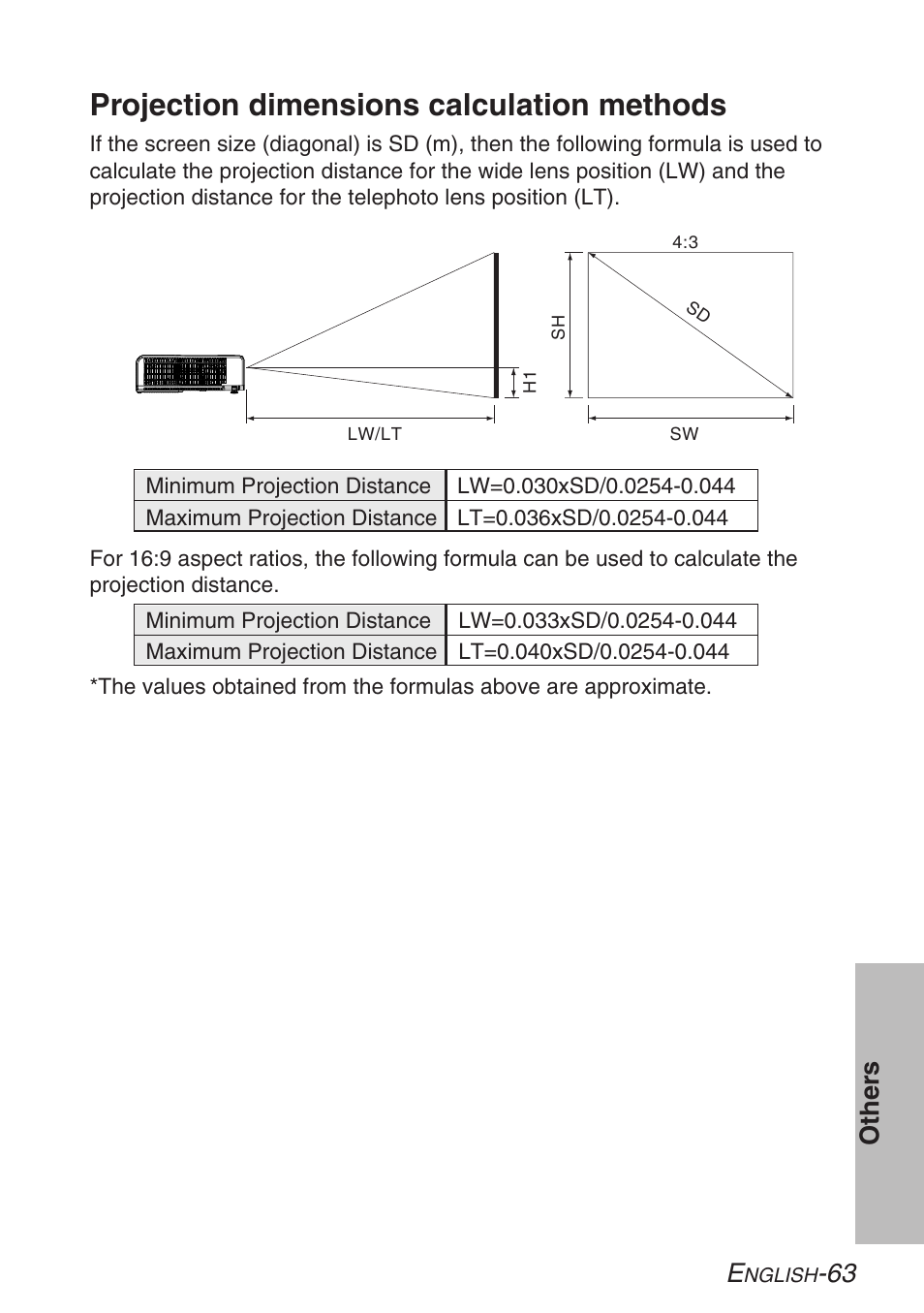 Projection dimensions calculation methods, Other s | Panasonic PT-LB30U User Manual | Page 63 / 144