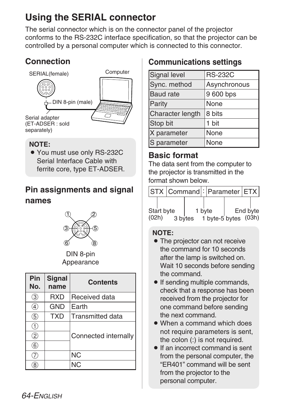 Using the serial connector, Communications settings | Panasonic PT-LB30U User Manual | Page 64 / 144