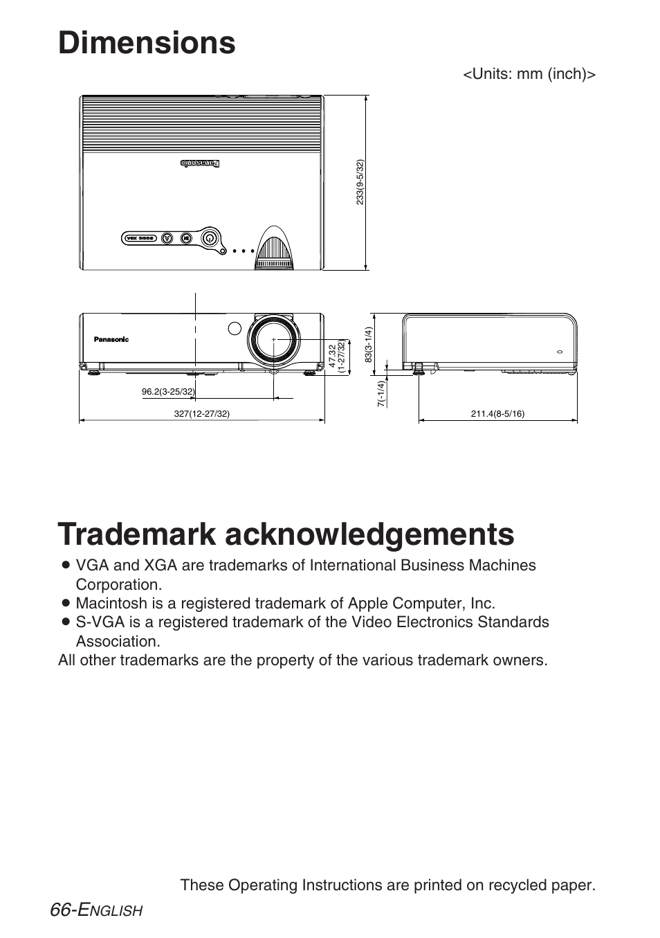 Dimensions, Trademark acknowledgements | Panasonic PT-LB30U User Manual | Page 66 / 144