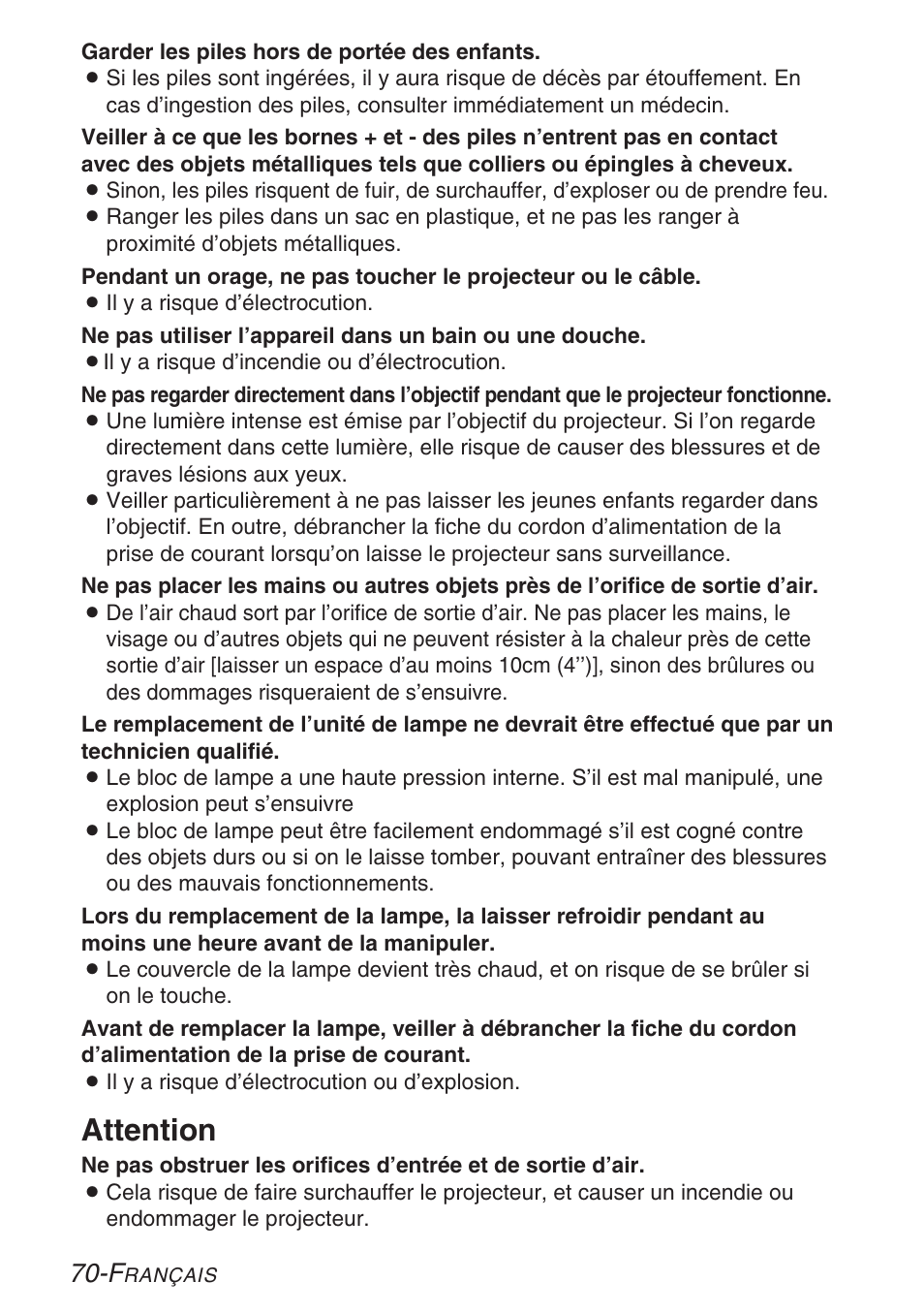 Attention | Panasonic PT-LB30U User Manual | Page 70 / 144