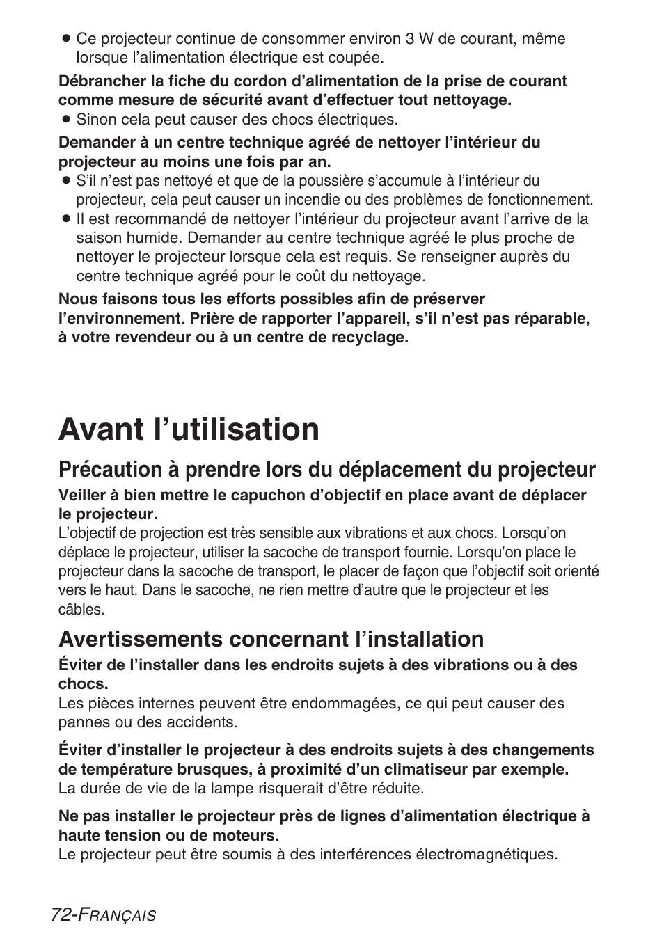 Avant l'utilisation, Avant l’utilisation, Avertissements concernant l’installation | Panasonic PT-LB30U User Manual | Page 72 / 144