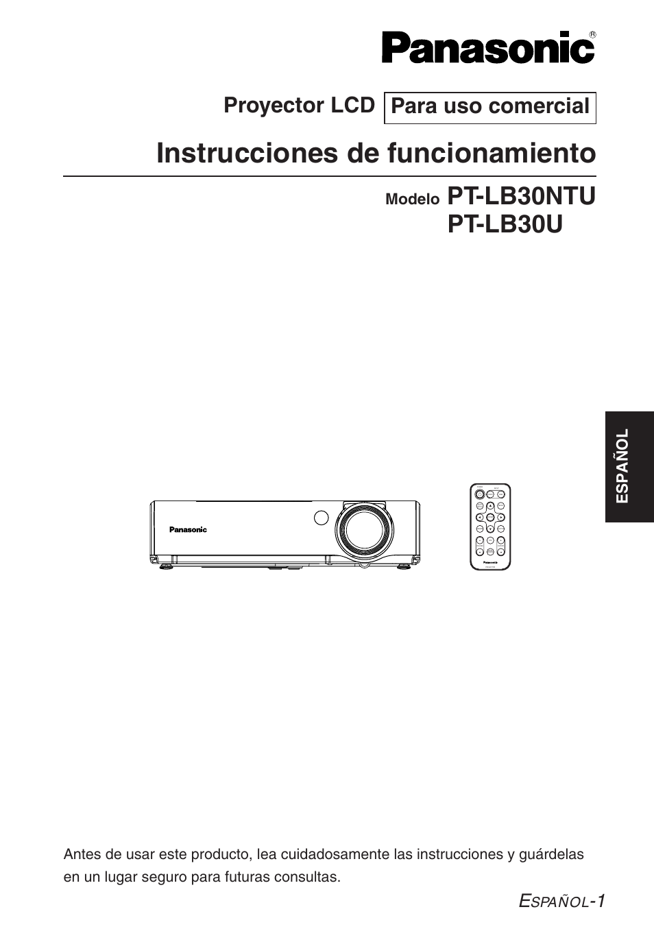 Instrucciones de funcionamiento, Pt-lb30ntu pt-lb30u, Proyector lcd | Para uso comercial, Español, Modelo, Spañol | Panasonic PT-LB30U User Manual | Page 77 / 144