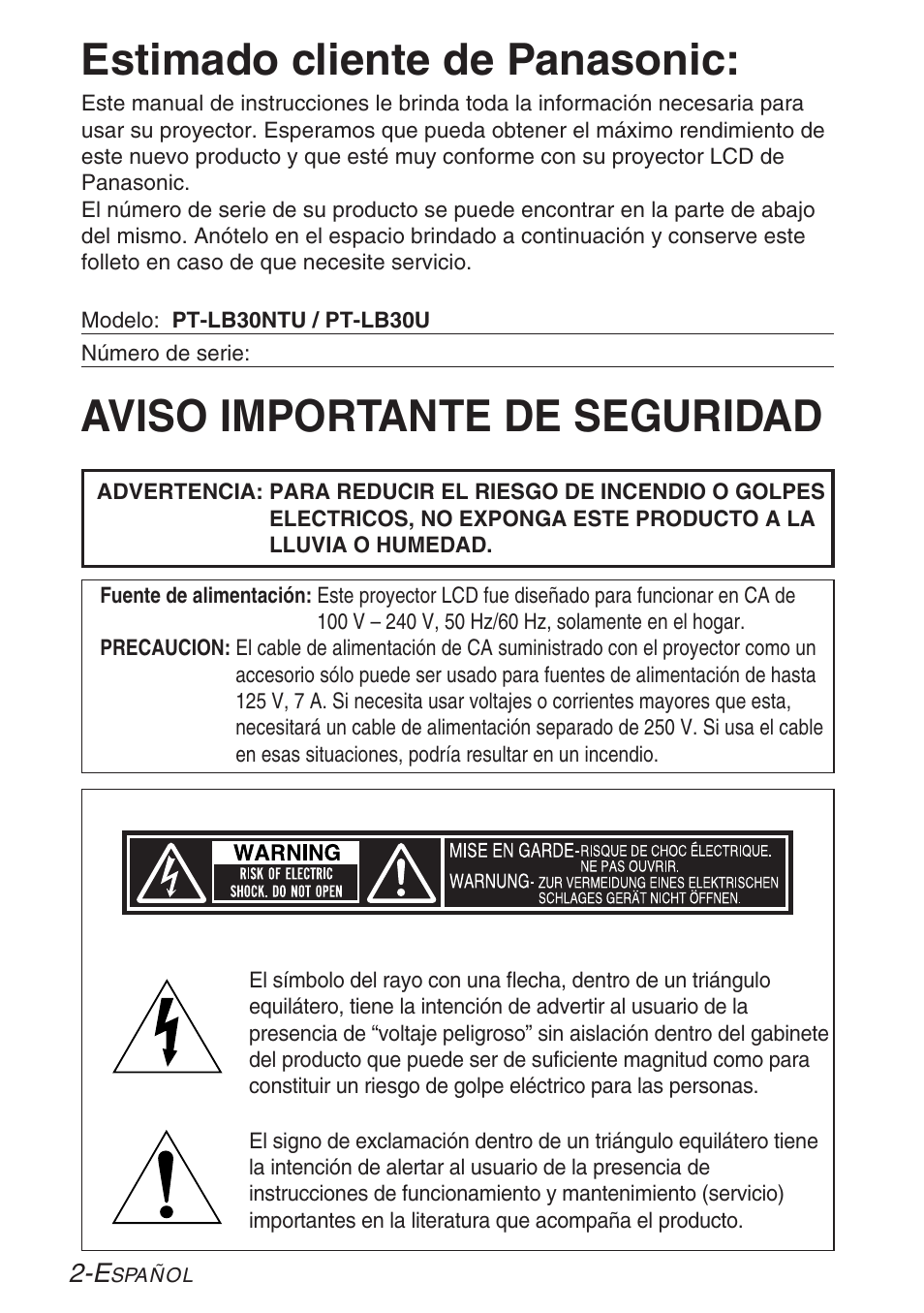 Preparativos, Aviso importante de seguridad, Estimado cliente de panasonic | Panasonic PT-LB30U User Manual | Page 78 / 144