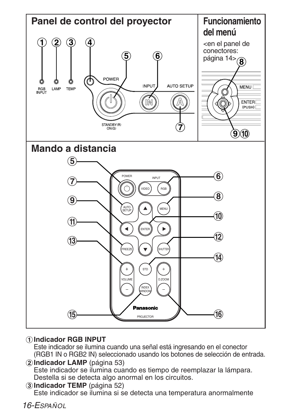 Funcionamiento del menú, Mando a distancia | Panasonic PT-LB30U User Manual | Page 92 / 144