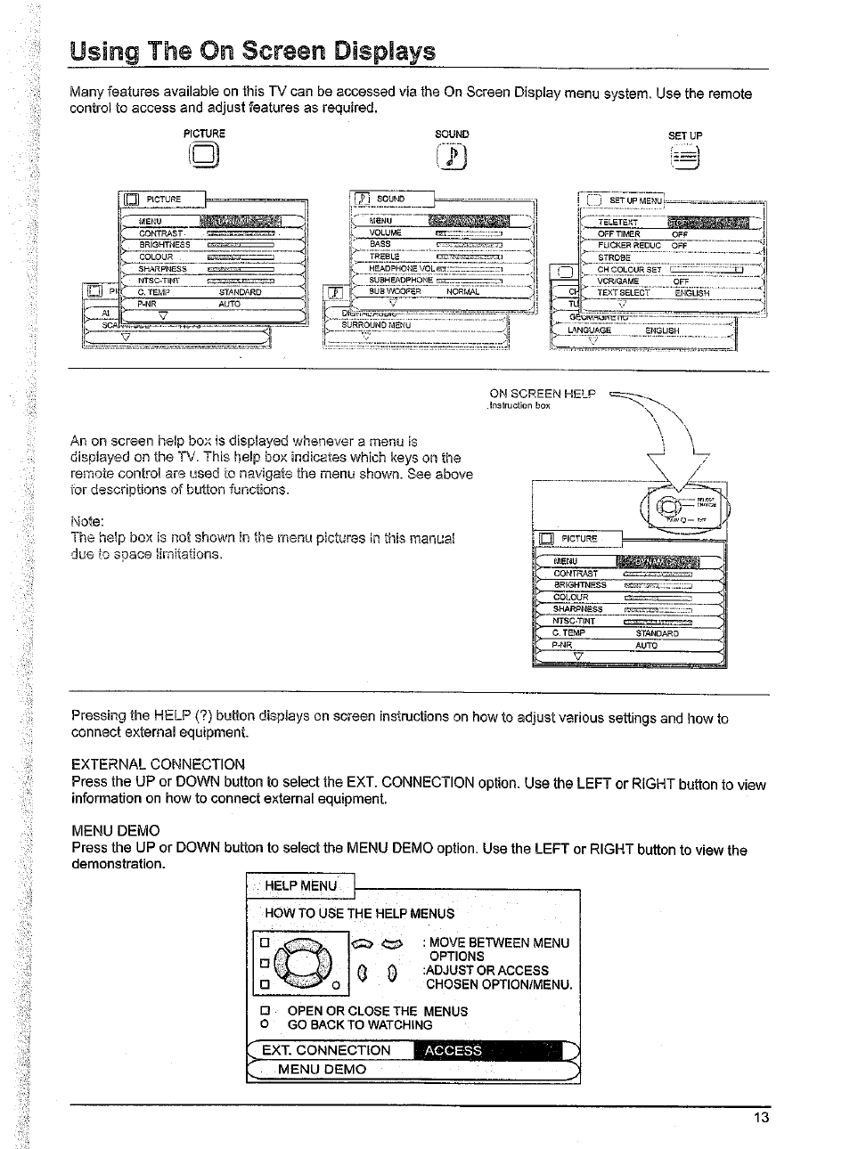 Using the on screen displays, Inatruction box | Panasonic TX-86W100A User Manual | Page 13 / 48