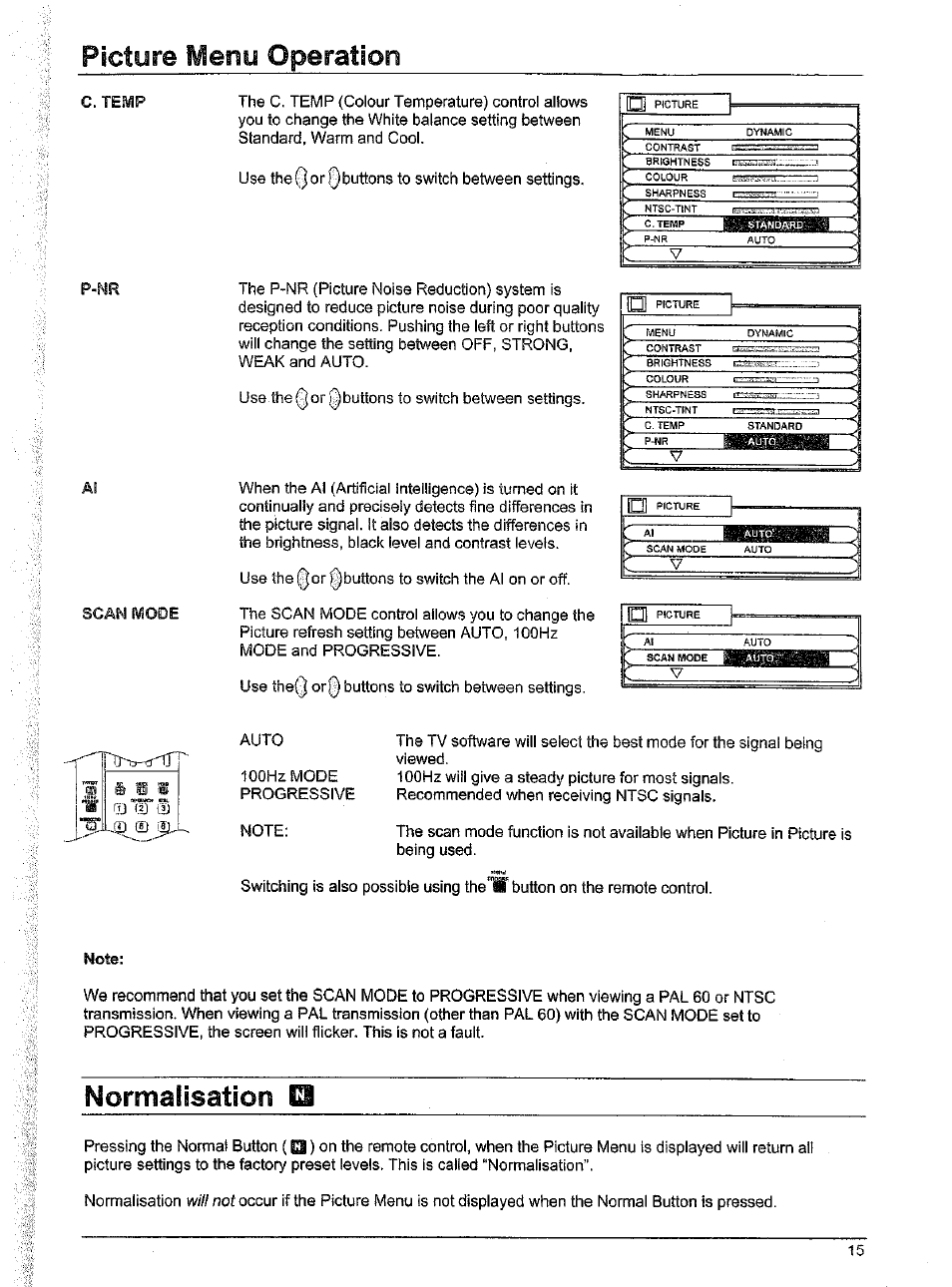 Normalisation, Picture menu operation | Panasonic TX-86W100A User Manual | Page 15 / 48
