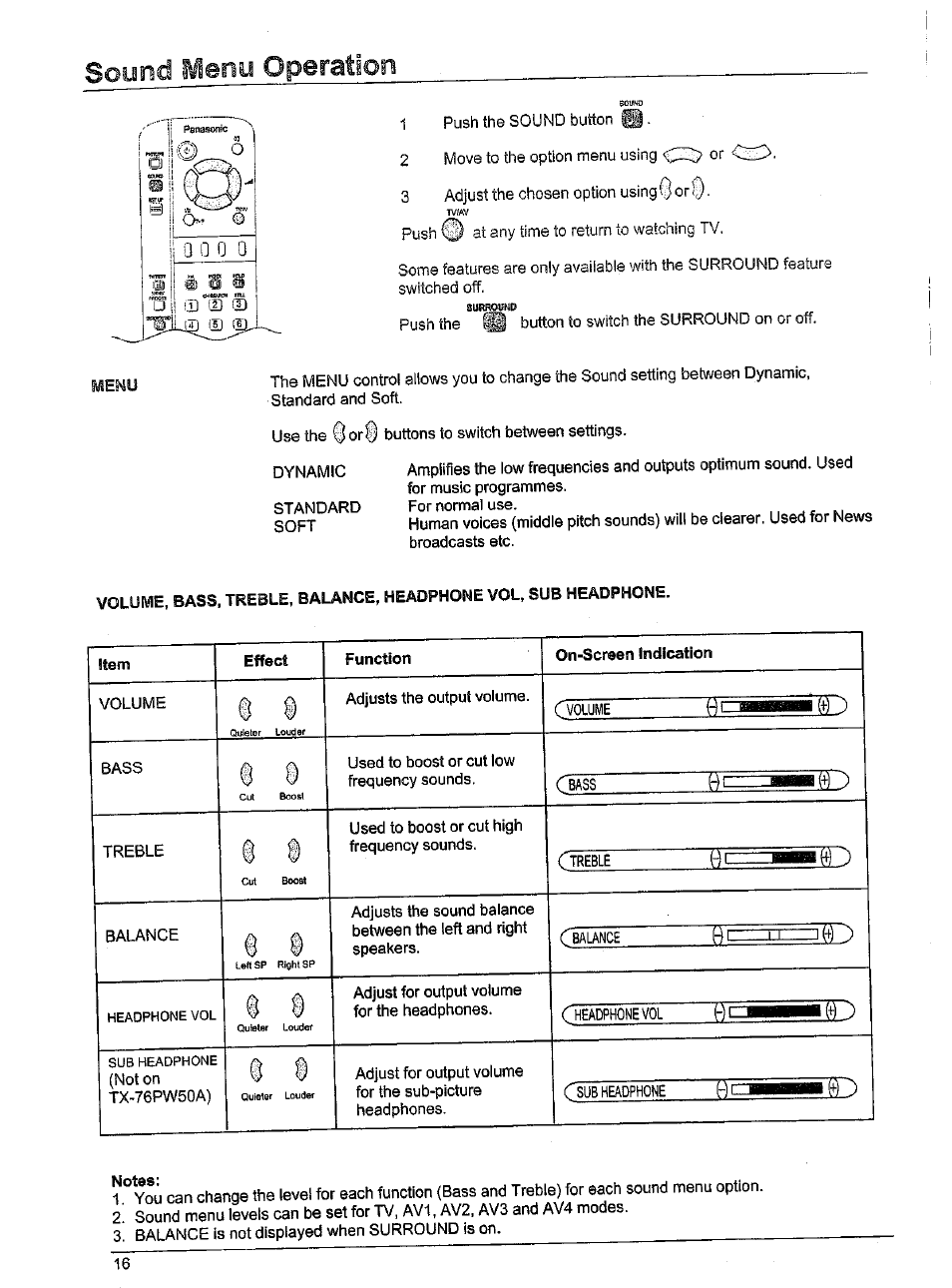 Sound menu operation | Panasonic TX-86W100A User Manual | Page 16 / 48