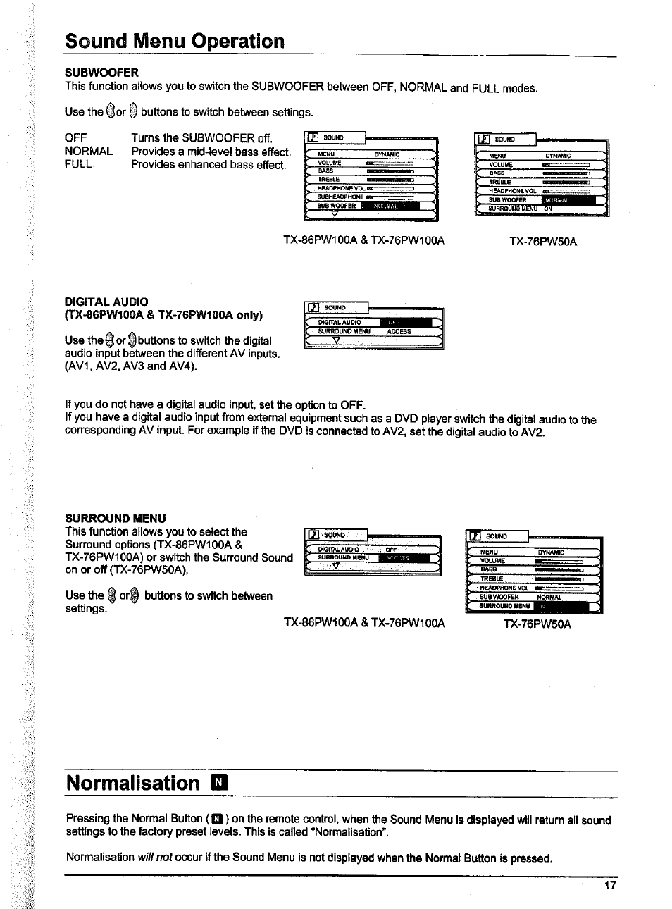 Normalisation, Sound menu operation | Panasonic TX-86W100A User Manual | Page 17 / 48