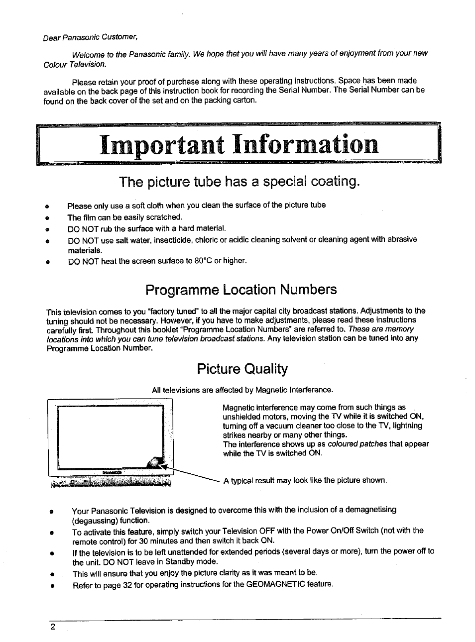 The picture tube has a special coating, Programme location numbers, Picture quality | Important information | Panasonic TX-86W100A User Manual | Page 2 / 48