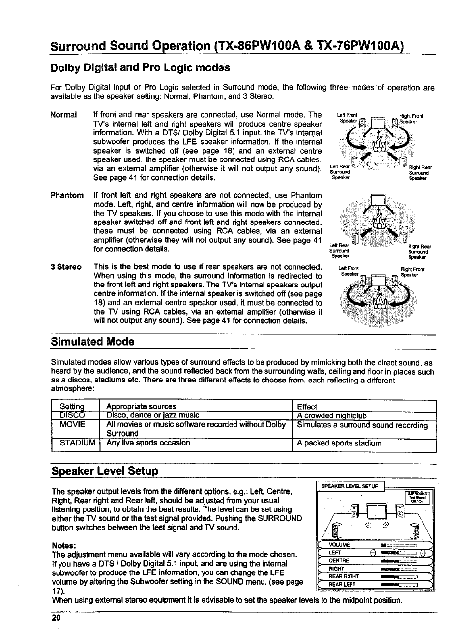Dolby digital and pro logic modes, Simulated mode, Speaker level setup | Panasonic TX-86W100A User Manual | Page 20 / 48