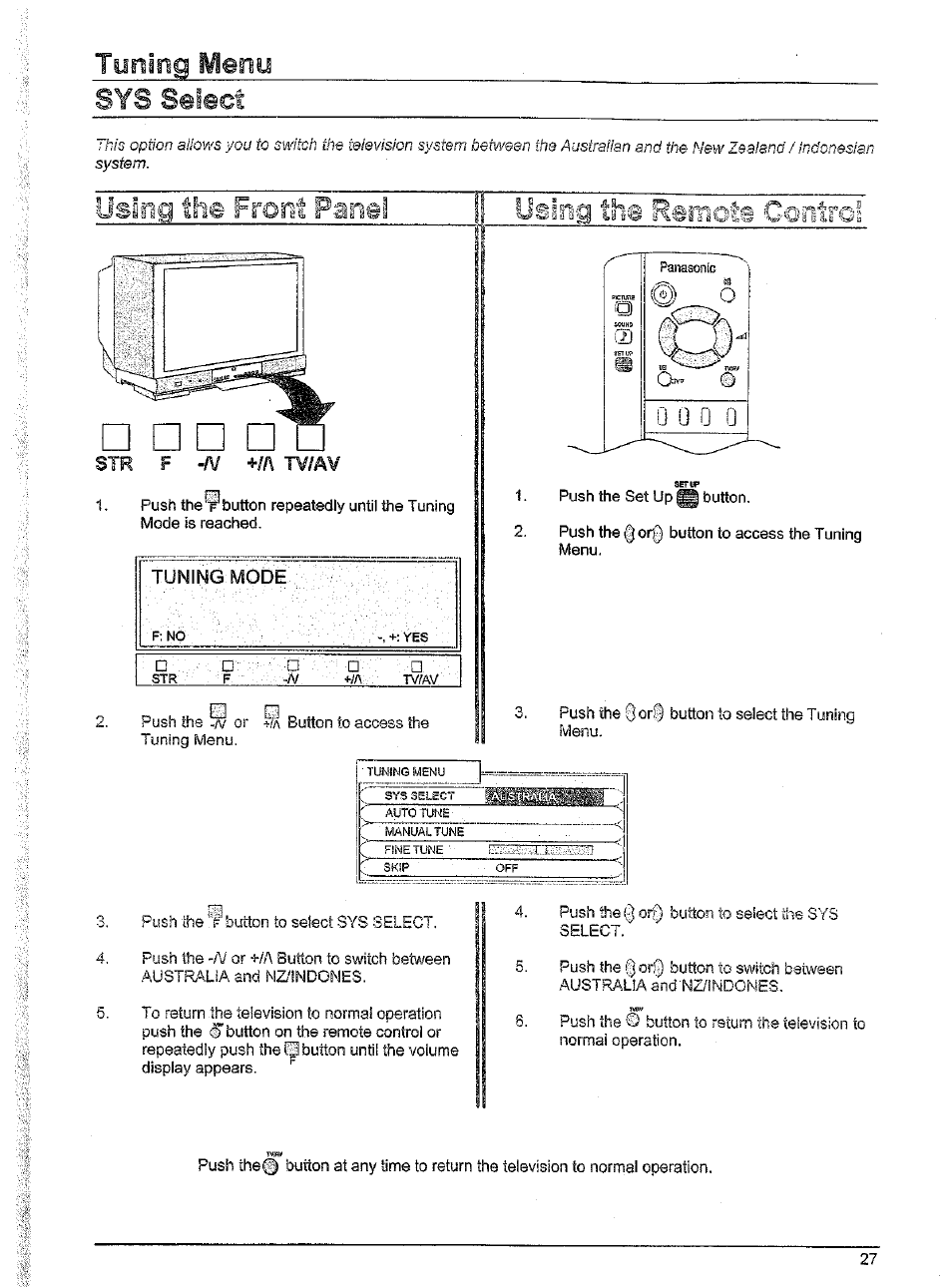Tuning mode, Tuning menu, Ing 1^6© rsmots gonirc | Sir f -a/ +/a | Panasonic TX-86W100A User Manual | Page 27 / 48