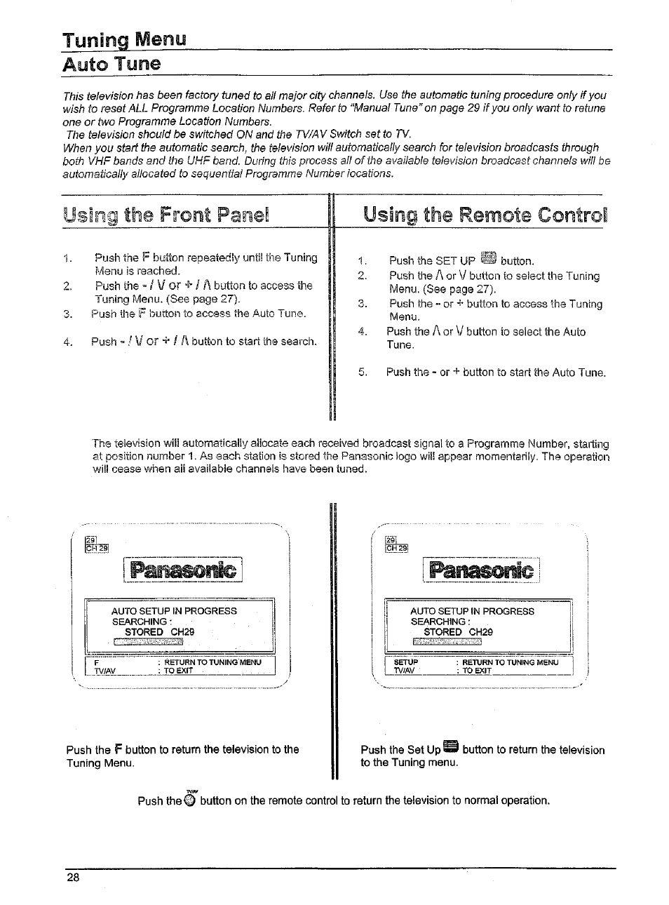 Panamic, Using the front panel using the remote control, Tuning menu auto tune | Panasonic TX-86W100A User Manual | Page 28 / 48