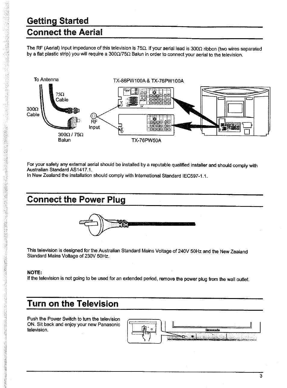 Getting started, Connect the aerial, Connect the power plug | Turn on the television, Getting started connect the aerial | Panasonic TX-86W100A User Manual | Page 3 / 48