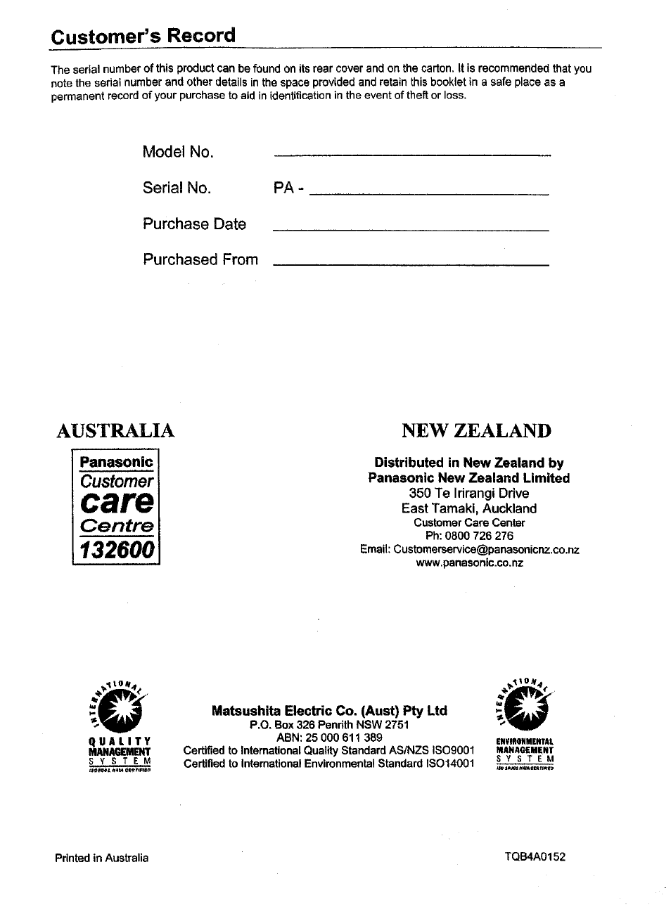 Matsushita electric co. (aust) pty ltd, Care, Customer | Customer’s record, Australia, New zealand, Centre | Panasonic TX-86W100A User Manual | Page 48 / 48