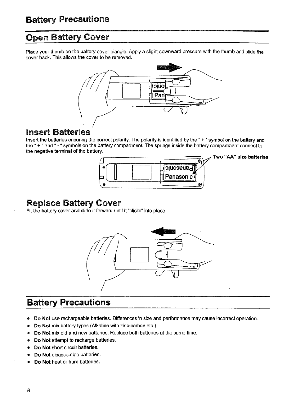 Battery precautions, Battery precautions open battery cover, Insert batteries | Replace battery cover | Panasonic TX-86W100A User Manual | Page 6 / 48