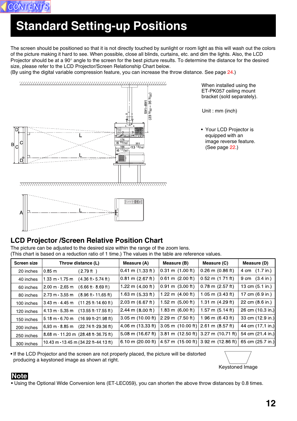 Standard setting-up positions, Lcd projector /screen relative position chart | Panasonic PT-L759VU User Manual | Page 12 / 68