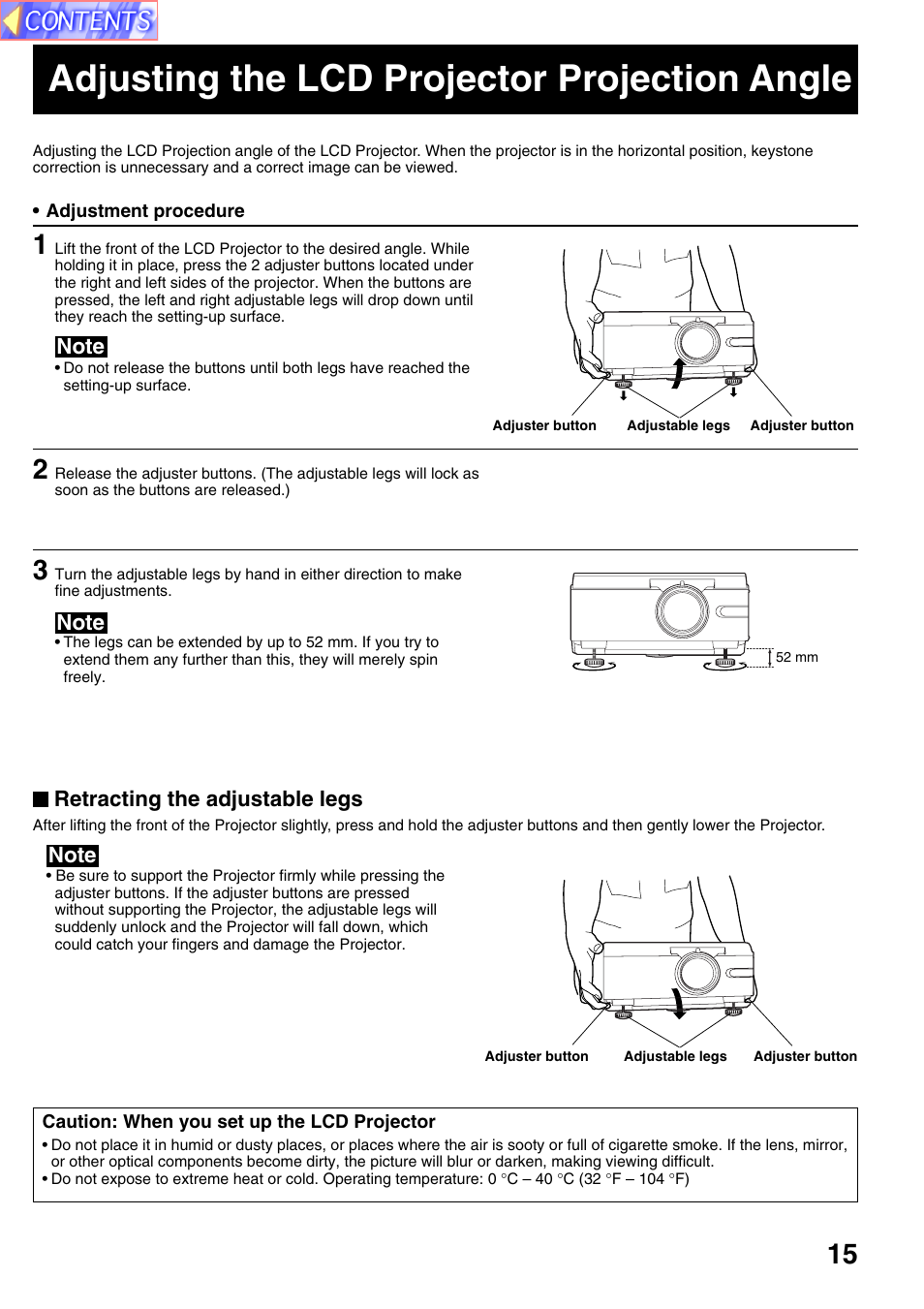 Adjusting the lcd projector projection angle, Retracting the adjustable legs | Panasonic PT-L759VU User Manual | Page 15 / 68