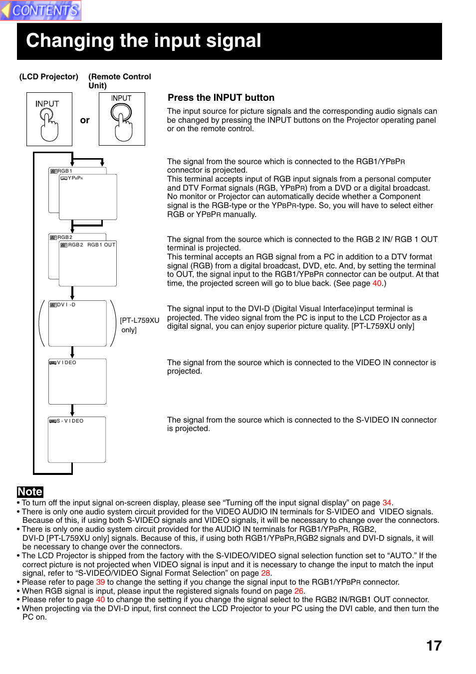 Changing the input signal, Press the input button | Panasonic PT-L759VU User Manual | Page 17 / 68