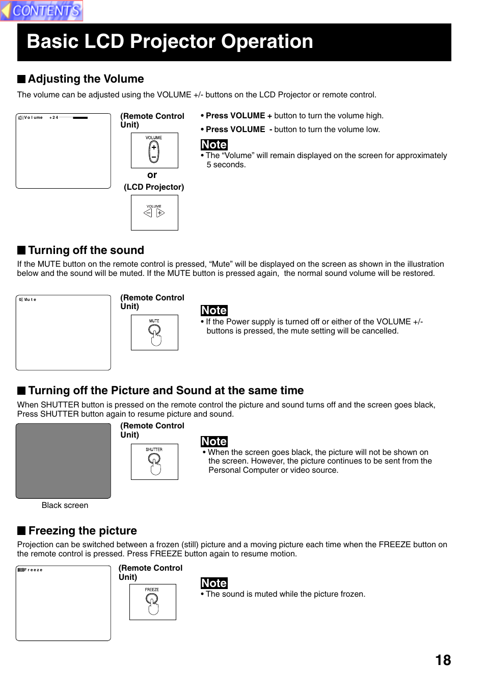 Basic lcd projector operation, Turning off the picture and sound at the same time, Turning off the sound | Adjusting the volume, Freezing the picture | Panasonic PT-L759VU User Manual | Page 18 / 68