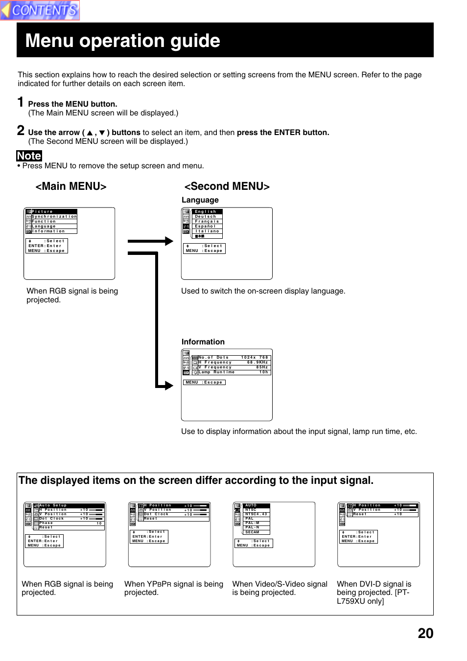 Menu operation guide, When rgb signal is being projected. when yp, Press menu to remove the setup screen and menu | Panasonic PT-L759VU User Manual | Page 20 / 68